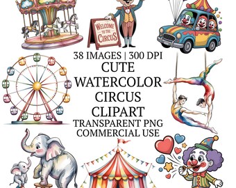 Cute Watercolor Circus Clipart Bundle PNG, 38 Whimsical Carnival Clip Art Set, High Quality Sublimation Designs