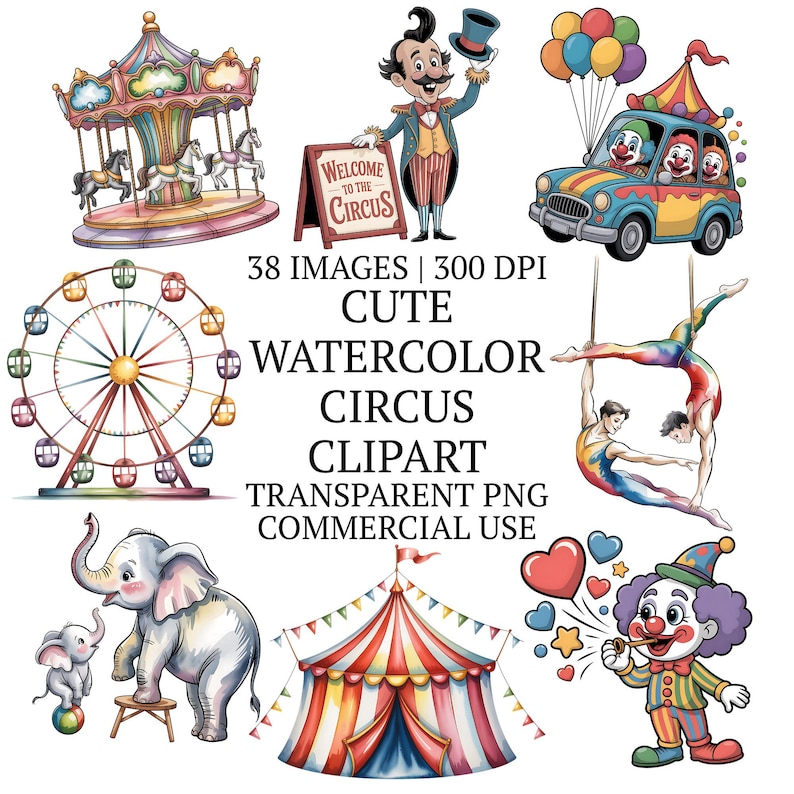 Cute Watercolor Circus Clipart Bundle PNG, 38 Whimsical Carnival Clip ...
