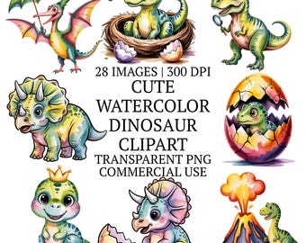 Cute Watercolor Dinosaur Clipart Bundle, High Quality PNG, 28 Whimsical Dino Clip Art Set