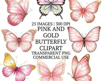 25 Pink and Gold Butterfly Clipart Bundle PNG, Watercolor Insect Sublimation Designs