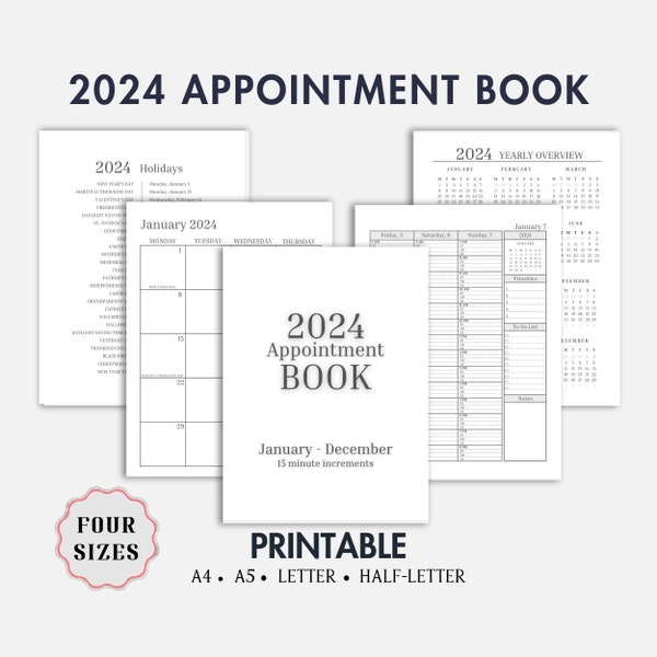 2024 Appointment Book Printable - Monday Start Daily And Hourly Schedules With 15-Minute Increments (2-Page Monthly Calendar)