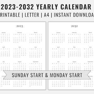 2023, 2032 Yearly Calendar Printable, Sunday & Monday Start Year At A Glance Calendar On One Page, Wall-Desk Calendar, A4 | Letter Size