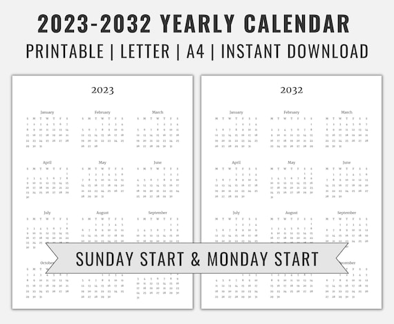 2023, 2032 Yearly Calendar Printable, Sunday & Monday Start Year at A  Glance Calendar on One Page, Wall-desk Calendar, A4 Letter Size - Etsy