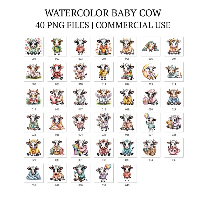 Cute Watercolor Baby Cow Clipart Bundle PNG, 40 Whimsical Farm Animal ...