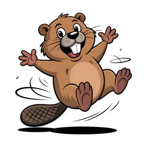 May include: A cartoon illustration of a beaver jumping with its arms and legs outstretched. The beaver is brown with a lighter tan belly, a large flat tail, and big white teeth. The beaver is smiling and appears to be happy.