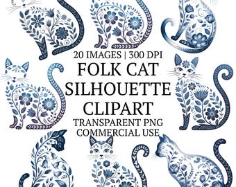 花柄の猫シルエットクリップアートバンドル、気まぐれな子猫のクリップアートグラフィック、花柄の猫のイラストセット、20種類のPNG昇華デザイン