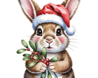 40 Watercolor Christmas Bunny Clipart Bundle PNG, Cozy Winter Holiday Rabbit Clip Art Set