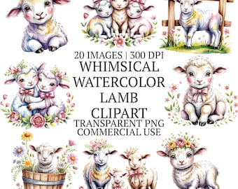 気まぐれな水彩羊のクリップアートバンドルPNG、かわいい羊のクリップアートグラフィック20点、高品質の動物画像、ペーパークラフト、昇華デザイン