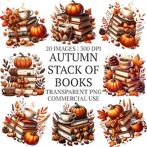Puede incluir: Ilustración digital con pilas de libros, calabazas, tazas de café y hojas de otoño. El texto dice "AUTUMN STACK OF BOOKS". La imagen tiene una paleta de colores cálidos con tonos naranja, marrón y crema, ideal para diseños otoñales.