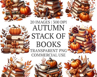 Pacchetto di clipart PNG con pila di libri autunnali accoglienti, 20 libri autunnali floreali, set di clipart grafiche di alta qualità con zucca e caffè, regalo per gli amanti dei libri