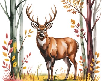 16 Cute Watercolor Forest Deer Clipart Bundle PNG, Whimsical Woodland Animal Illustrations, Sublimation Designs
