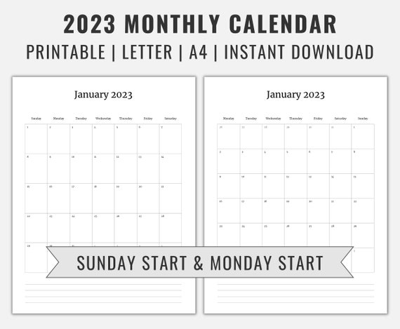 2023 Monthly Calendar Template With Notes Sunday & Monday - Etsy
