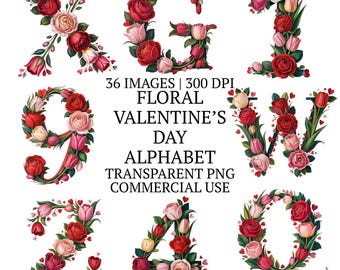 36種類の花柄バレンタインデーアルファベットクリップアートバンドルPNG、気まぐれな文字と数字のラブグラフィック、ロマンチックな昇華デザイン