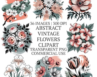 Abstract Vintage Flowers Clipart Bundle PNG, 36 Floral High-Quality Clip Art Illustrations, Aesthetic Botanical Graphics, Scrapbook Images