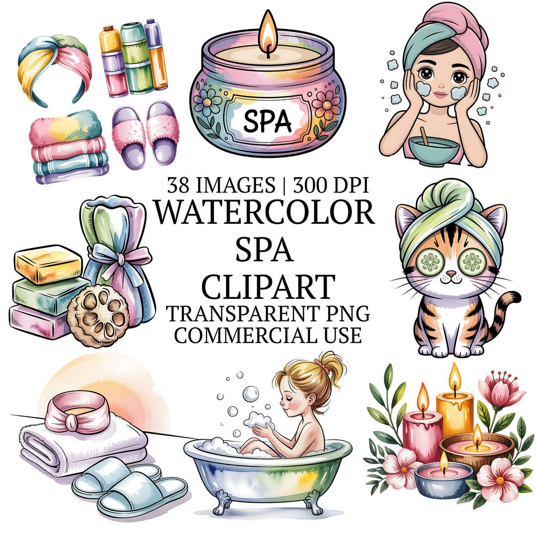 Watercolor Spa Clipart Bundle PNG, 38 Cute Self Care Aesthetic ...