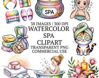 Watercolor Spa Clipart Bundle PNG, 38 Cute Self Care Aesthetic Sublimation Designs, Relaxing Bath Set, Bathroom Natural Cosmetic Graphics