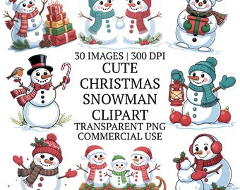 かわいいクリスマス雪だるまセットのクリップアートPNG、30種類の冬のお祝いグラフィック、雪の降る休日の風景、高品質のクリップアートセット、昇華デザイン