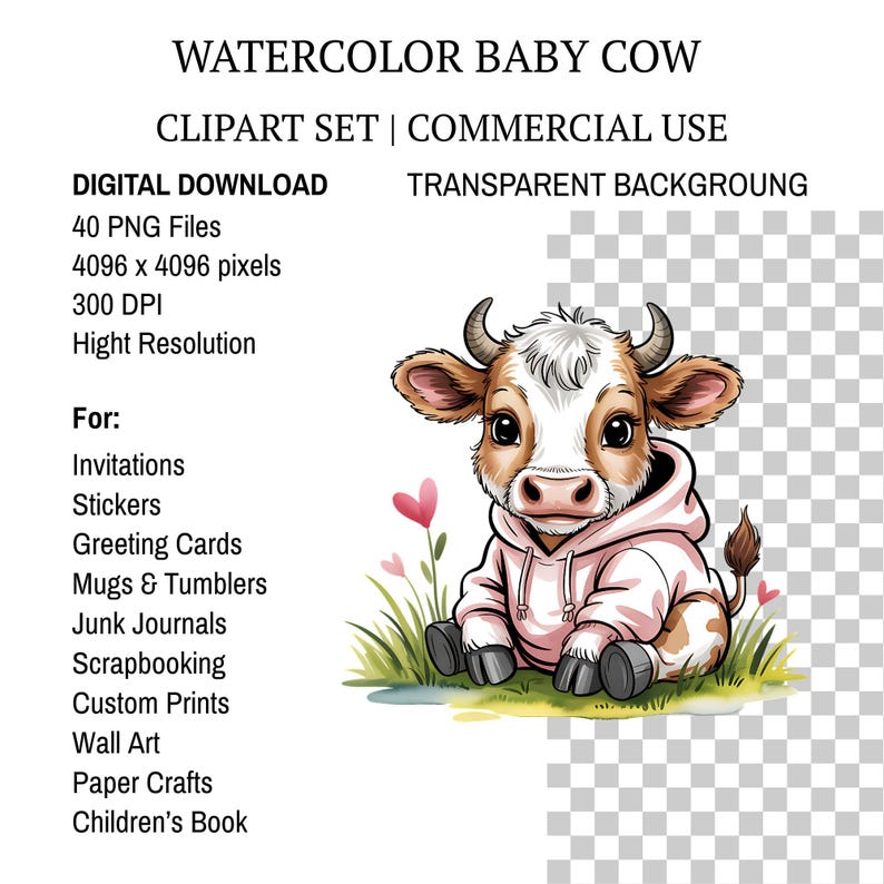Cute Watercolor Baby Cow Clipart Bundle PNG, 40 Whimsical Farm Animal ...