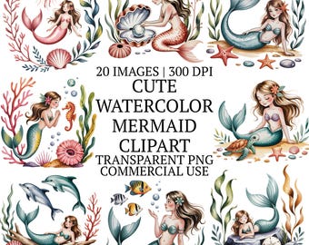 かわいい水彩画のマーメイドクリップアートバンドルPNG、20種類の海中クリップアートグラフィック、高品質の水中海洋生物、居心地の良い海上生活