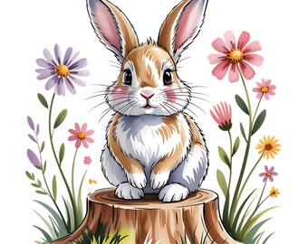 40 Watercolor Bunny Clipart Bundle PNG, Whimsical Cartoon Woodland Rabbit Graphics