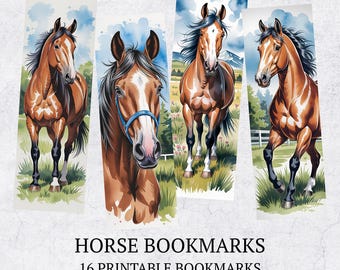 馬の印刷可能なブックマーク16枚、水彩イラストアートセット、PNG-JPG-PDFファイル、デジタルブックマーク昇華セット、ジャンクジャーナルサプライ