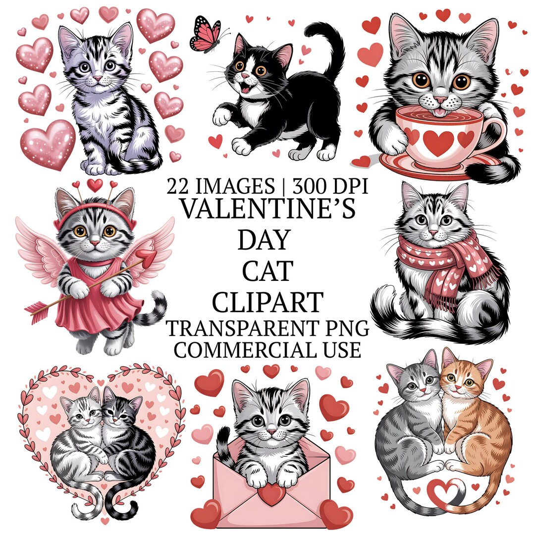 22 Valentine's Day Cat Clipart Bundle, Whimsical Watercolor Love Kitten ...