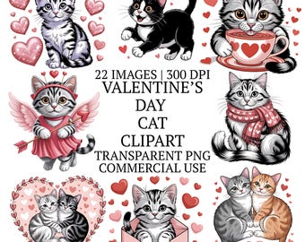 バレンタインデーの猫のクリップアート22点セット、気まぐれな水彩画風の愛らしい子猫のPNG画像、ロマンチックな猫の昇華転写デザイン、恋人たちの日のギフト