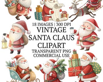 ヴィンテージサンタクロースクリップアートバンドルPNG、18種類のクリスマスグラフィック、ホリデーシーン、高品質クリップアートセット、昇華デザイン