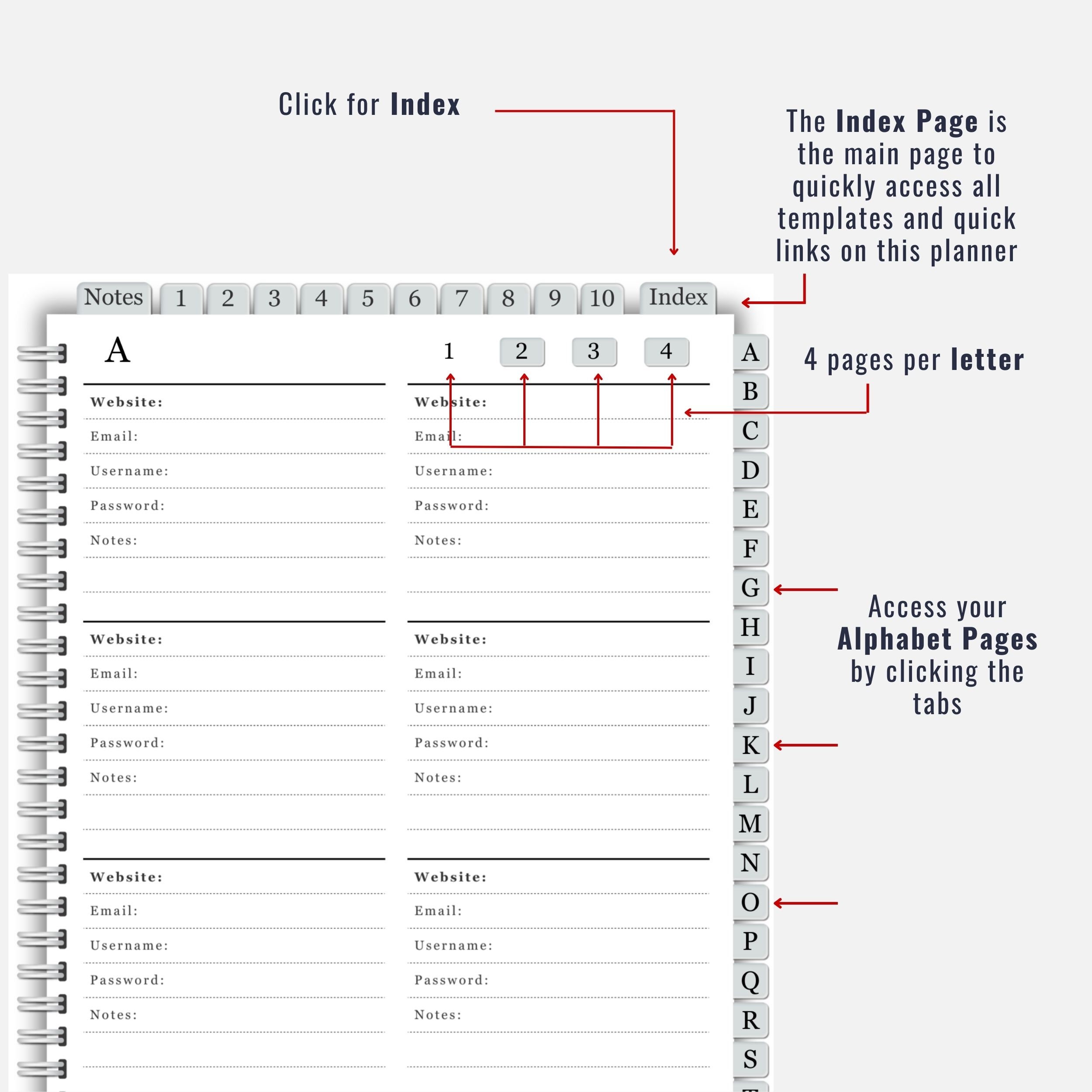 Digital Password Book With Alphabet Hyperlinked Tabs for Goodnotes ...