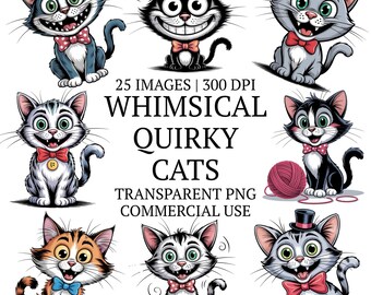 25 Quirky Cats Clipart PNG Bundle, Whimsical Kitten Sublimation Clip Art Set, Cat Lover Gift, Funny Silly Illustrations, Digital Download