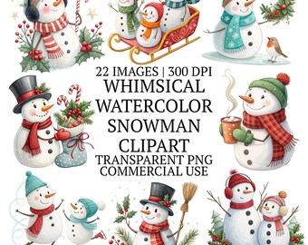 気まぐれな水彩画のクリスマス雪だるまセットのクリップアートPNG、30種類の冬のお祝いグラフィック、雪の降る休日の風景、高品質のクリップアートセット