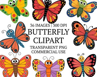 Cartoon Butterfly Clipart Bundle PNG, 36 Insect Sublimation Designs