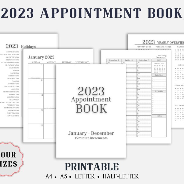 2023 Appointment Book Printable - Daily And Hourly Schedules With 15 Minute Increments (2 Page Monthly Calendar) Cute Beauty Salon Gifts