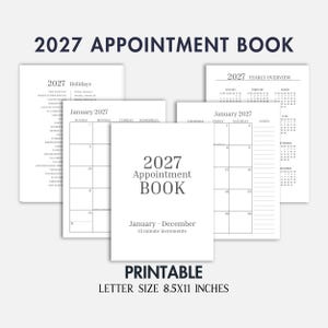 Pode incluir: Um livro de agendamentos 2027 imprimível em tamanho carta de 8,5x11 polegadas. O conjunto inclui páginas para feriados, uma visão geral anual e layouts de calendário mensal de janeiro a dezembro com intervalos de 15 minutos.