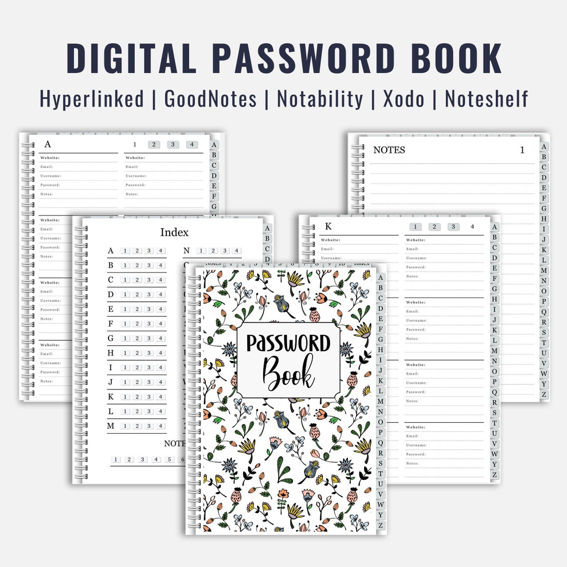 Digital Password Book With Alphabet Hyperlinked Tabs for Goodnotes ...