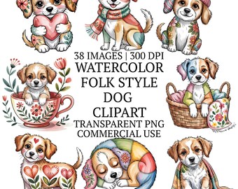 Watercolor Folk Style Dog Clipart Bundle PNG, 38 Cute High Quality Puppy Sublimation Designs