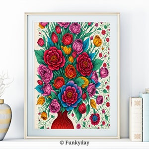 Colorful Flowers In Vase Wall Art Printable, Vintage Botanical Floral Wall Decor, Bouquet Flowers Fine Art Poster, Downloadable Digital Art