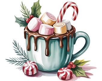 21 gezellige aquarel kerst warme dranken clipartbundel png, feestelijke wintervakantie warme cacao, thee en koffie sublimatieontwerpen