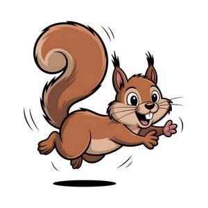 May include: A cartoon illustration of a brown squirrel leaping forward with a happy expression. The squirrel has a large, bushy tail and is set against a white background.