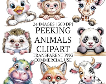 May include: A collection of colorful, cartoon-style animal clipart. The image features a duck, monkey, giraffe, hedgehog, panda, hippo, fox, and cow, each peeking over a ledge. Text reads "PEEKING ANIMALS CLIPART".