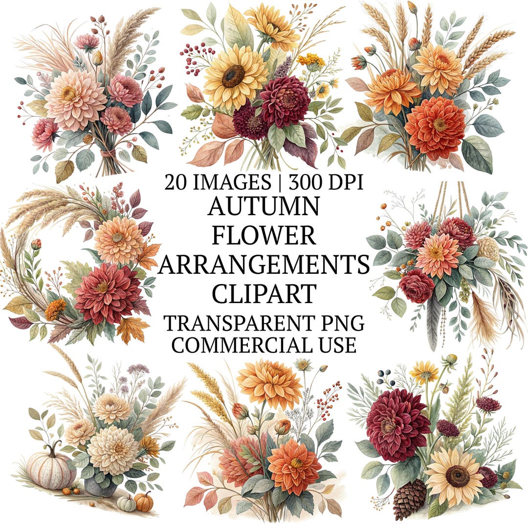 Watercolor Autumn Flower Arrangements Clipart PNG Bundle, 20 Floral ...