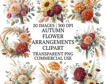 水彩画風の秋のフラワーアレンジメントのクリップアートPNGバンドル、20種類の秋の美しい花の高品質クリップアートセット、ボタニカルブーケの画像