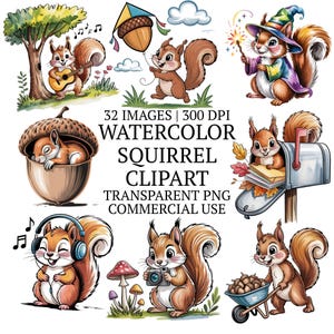 Könnte beinhalten: Aquarell-Clipart-Set mit verschiedenen Cartoon-Eichhörnchen in verschiedenen Posen. Die Eichhörnchen spielen Gitarre, lassen einen Drachen steigen, tragen Kopfhörer und halten eine Kamera. Der Text "WATERCOLOR SQUIRREL CLIPART" ist enthalten.