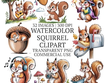 Watercolor Squirrel Clipart Bundle PNG, 32 Wood Life Animal Clip Art, Whimsical Autumn Forest Graphics