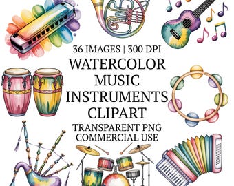 Watercolor Musical Instruments Clipart Bundle PNG, 36 Cute Band & Orchestra Clip Art Set - Brass, Percussion, Woodwind, String Illustrations