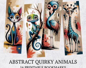 16 Abstract Quirky Animals Printable Bookmarks, Watercolor Illustration Art Bundle, PNG-JPG-PDF Files, Digital Bookmark Sublimation Set