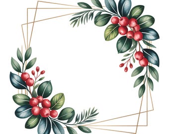 27 gezellige aquarel kerstkrans & frames clipartbundel png, winterbotanische illustraties, bloemen feestelijk vakantiegroen boeket