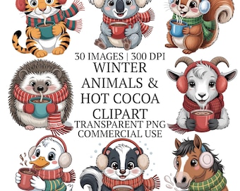 Cozy Winter Animals Clipart PNG Bundle, 30 Cute Christmas Season Animal & Hot Cocoa Clip Art Graphics, Sublimation Design, Nursery Image Set
