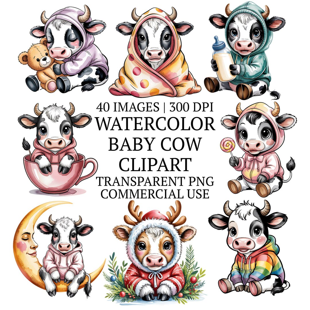 Cute Watercolor Baby Cow Clipart Bundle PNG, 40 Whimsical Farm Animal ...