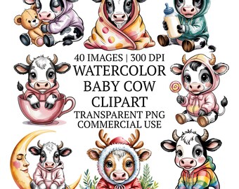 Cute Watercolor Baby Cow Clipart Bundle PNG, 40 Whimsical Farm Animal Clip Art, Nursery Decor, Sublimation Design